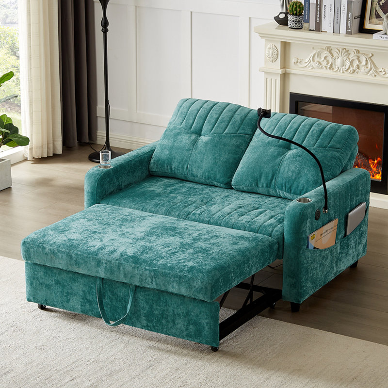 Canapé-lit de 53,9 po avec causeuse moderne avec dossier réglable, deux porte-gobelets, un porte-téléphone, trois ports de chargement et des poches de rangement latérales pour le salon