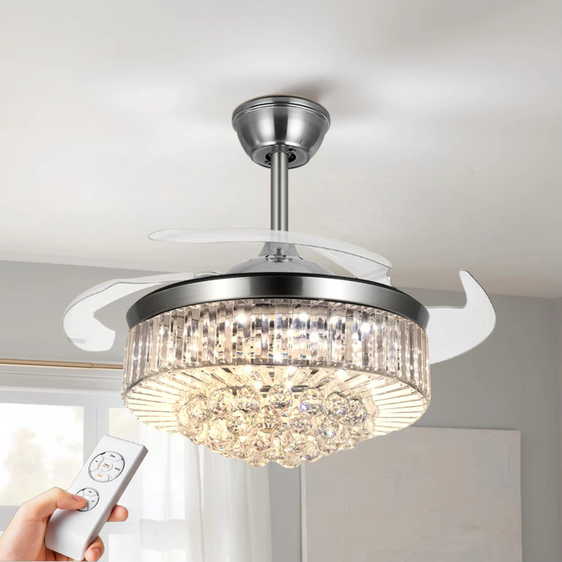 42 po - Lustre en cristal argenté à ventilateur - Télécommande / à intensité variable / à vitesse variable - Convient au salon et à n'importe quelle pièce