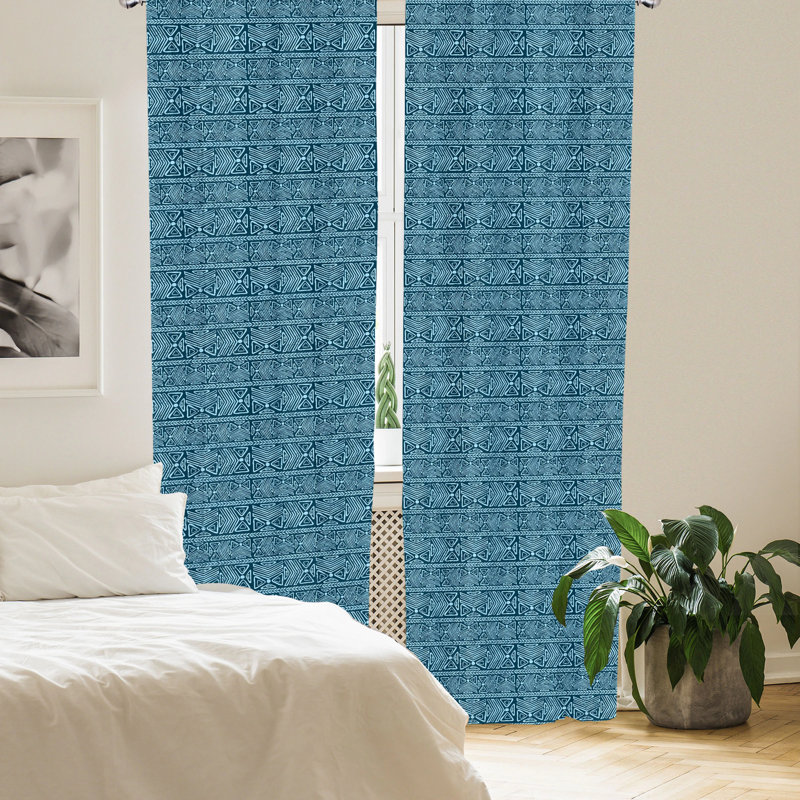 Petrol Blue Geometric Print Rod Pocket Curtain Panels, 28"x84"