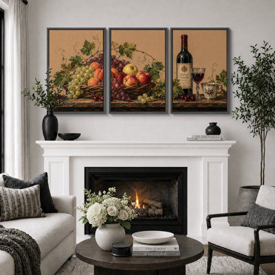 Rustic Grape Apple Wine Still Life Artwork, Dining Room Pictures, Framed Canvas Giclee Print 3 Pieces Wall Art