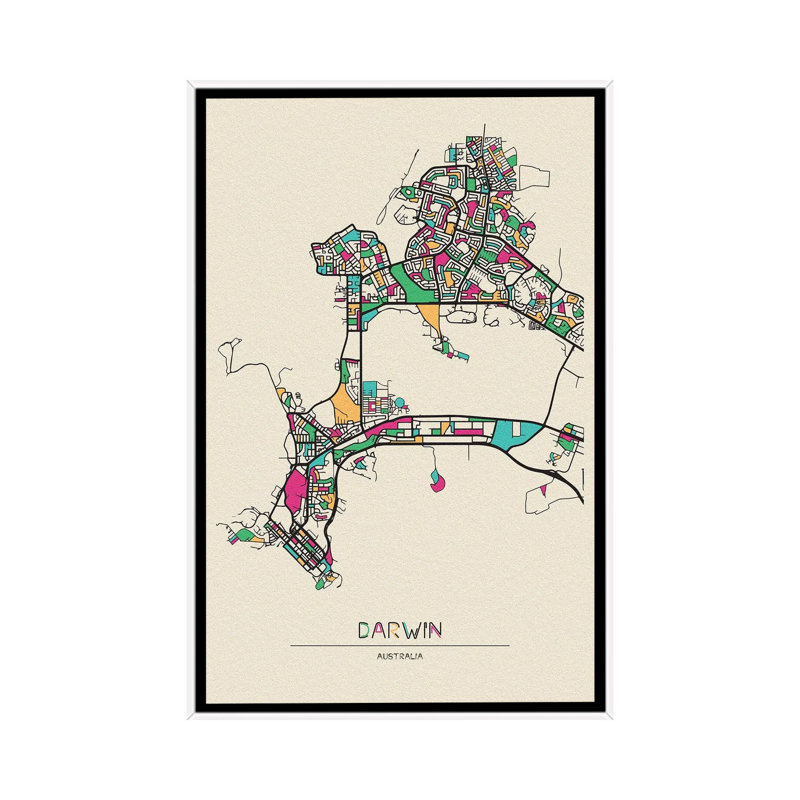 Darwin, Australia Map by Ayse Deniz Akerman - Floater Frame Print on Canvas