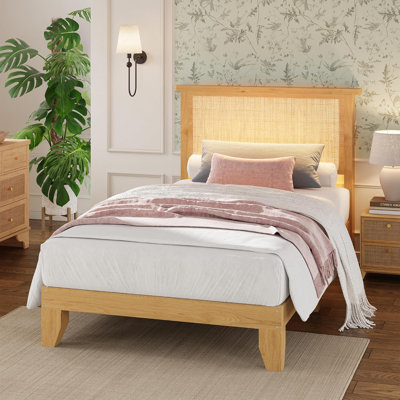 Rattan Bed Frame Twin with Natural Rattan Headboard Twin Bed Frame with LED Lights Bed with Headboard Solid Wood Bed Legs with Silent Slats No Box Spring Needed