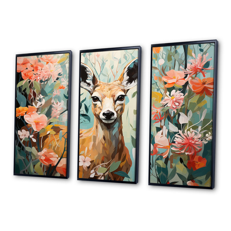 Fleurs de cerf roses et vertes - Art mural animal cerf, Cadre flottant noir, H 28 po x l 36 po