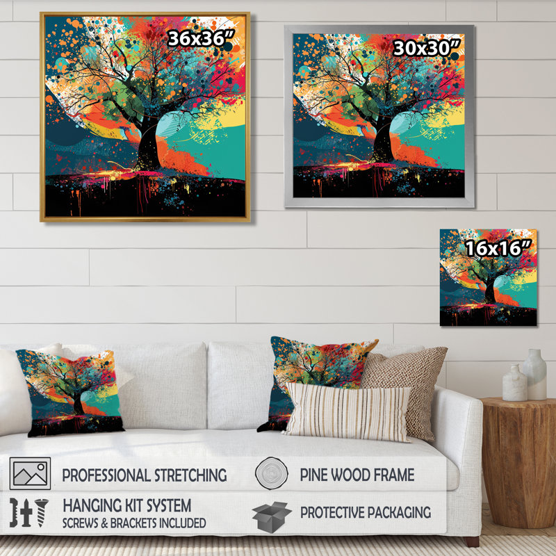 Arbre d'automne éclaboussant sur la montagne - Botanicals Wall Art Living Room, Cadre flottant noir, bois massif