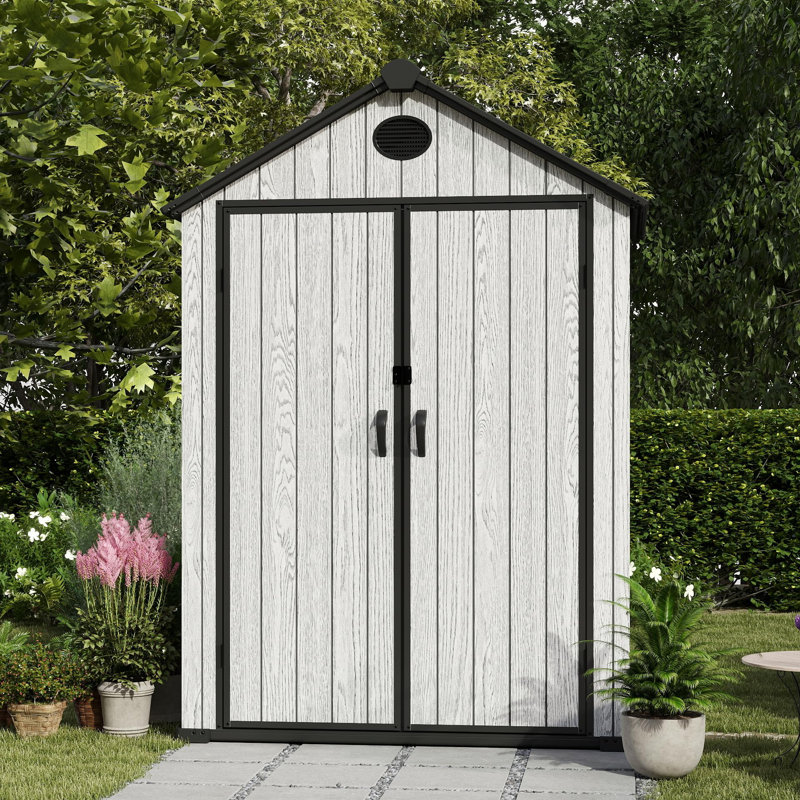 EHHLY Tall Resin Garden Storage Shed with Window, Waterproof Lockable Cabinet, Cemented Gray