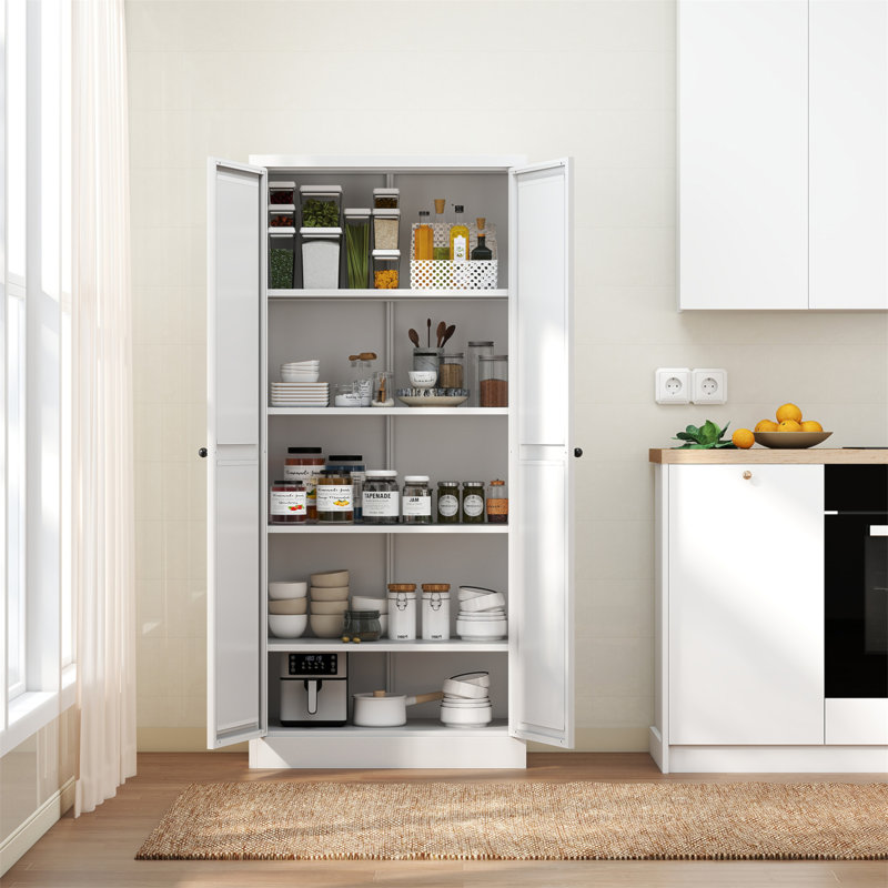 61" White Metal Kitchen Pantry Cabinet Adjustable Storage With 4 Shelves (110Lb Capacity), Heavy Duty Freestanding Pantry Organizer For Kitchen, Pantry, Living Room