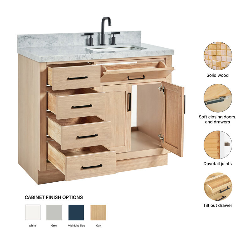 Meuble-lavabo simple en bois massif Tidworth de 42 po avec plateau en marbre de Carrare de 1,5 po, Oui, Forme rectangulaire