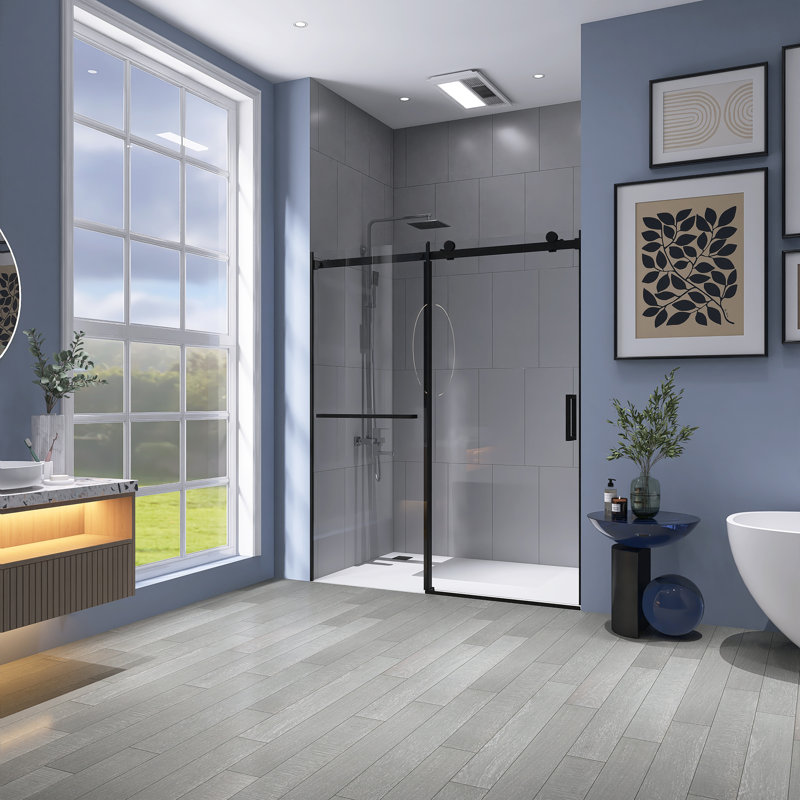 56" - 60" X 72" Framed Single Sliding Shower Door With 8Mm Tempered Glass, Matte Black