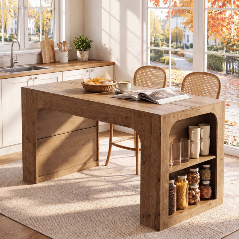 Table de bar à hauteur de comptoir en bois massif de 63 po avec tablettes de rangement pour la salle à manger