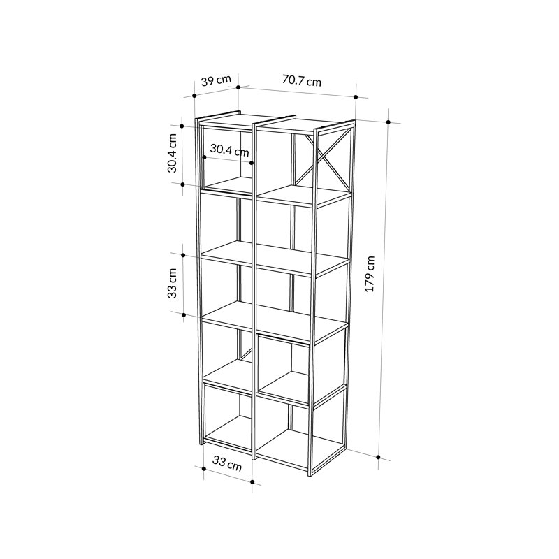 Vale 5-Shelf Display Bookcase with Cross Metal Frame, Black/Cinnamon