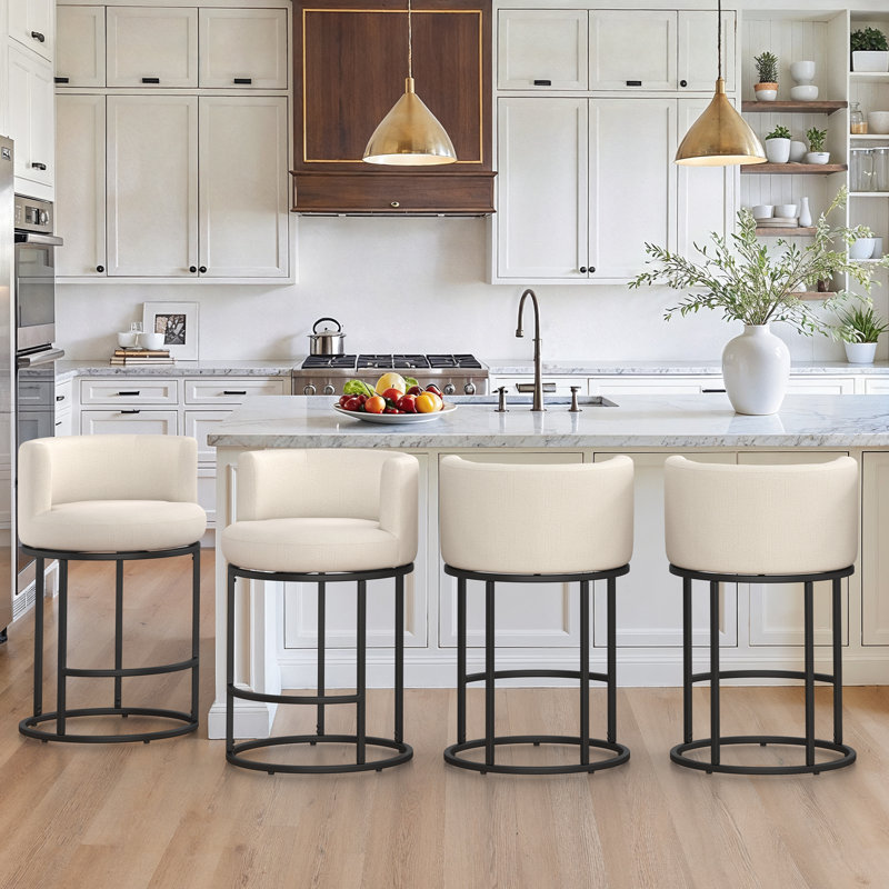 26"Sculptural Swivel Modern Counter Stool With Cylindrical Metal Frame, Linen