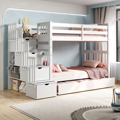 Tena Twin over Twin 4 Drawer Solid Wood Standard Bunk Beds with Stairway & Trundle