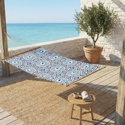 Mosaic Tile Hammock in Blue - Farmhouse Recycled Polyester - Quick Dry, Suitable for Indoor & Outdoor Use, Supports 2 Persons up to 460 lbs - Perfect for Backyard, Garden, Beach, Patio & Poolside, 12-14 ft Adjustable