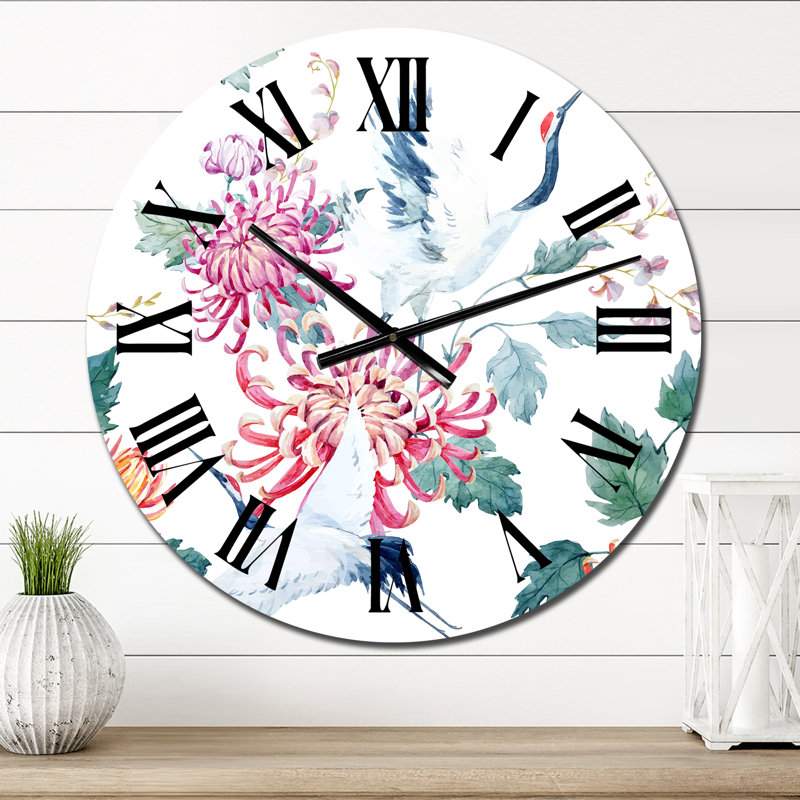Crane avec fleurs et plantes - Horloge murale à motifs, Surdimensionné