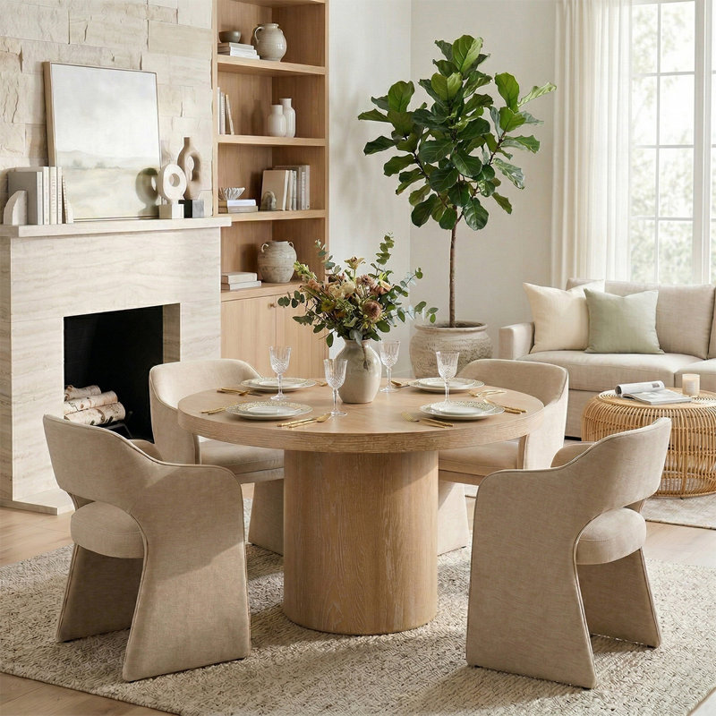 4 - Person Dining Table Sets With Solid Wood Round Table & 4 Upholstered Chenille Chairs, Brie, Yellow