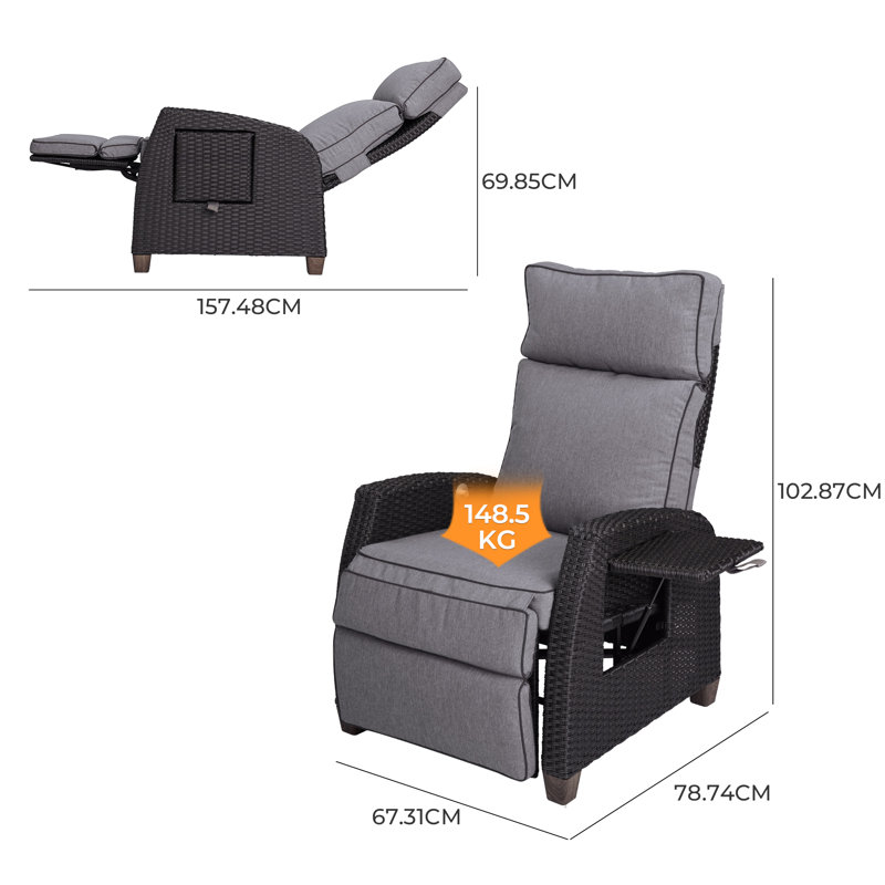 Garden Wicker Recliner Chair, Air Pump Adjustable Backrest Up to 150 Degree with Cushions, Grey, Dark Brown