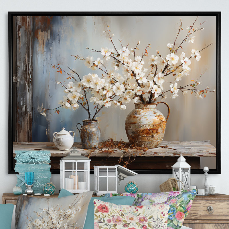Art mural, poterie et fleurs, H 30 po x l 40 po x P 1,5 po, Cadre flottant noir