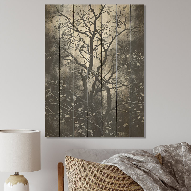 Arbre gothique gris dans la nuit II - arbre sur bois, H 20 po x l 10 po