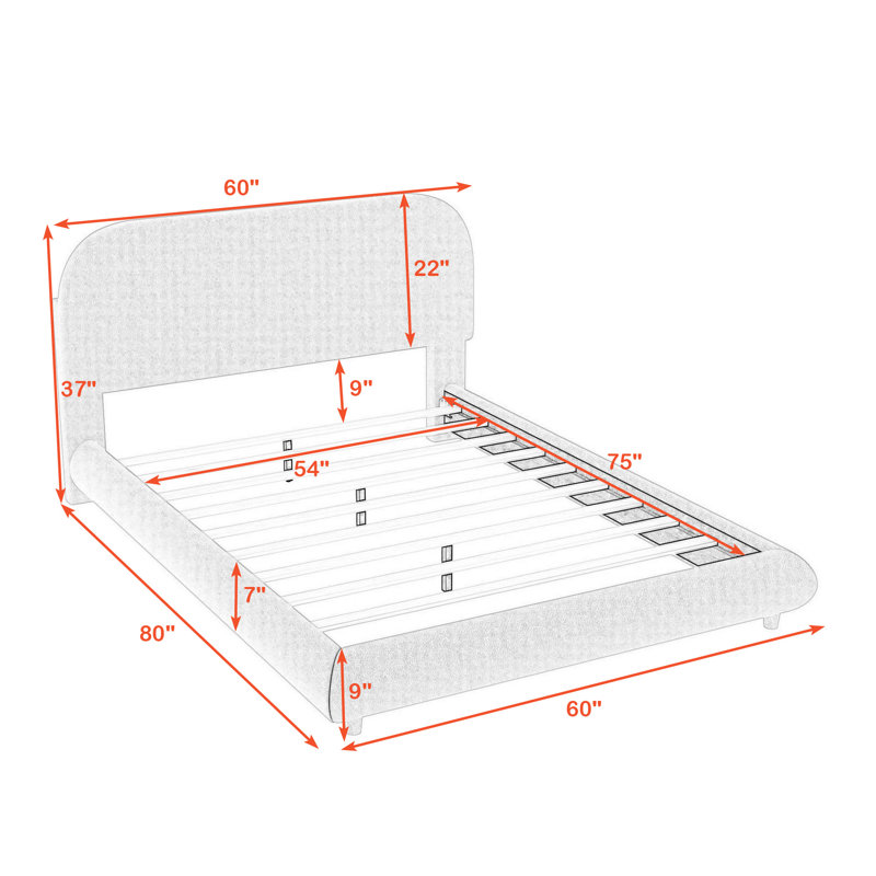 Lit plateforme tapissier Milenka avec tête de lit courbée, Beige, Double
