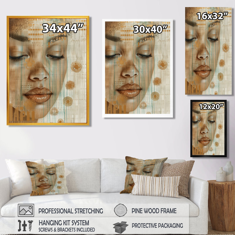 Vert et brun, Zen Boho, Portrait de femme II - Art bohème mural, Cadre flottant noir, H 32 po x l 16 po x P 1 po