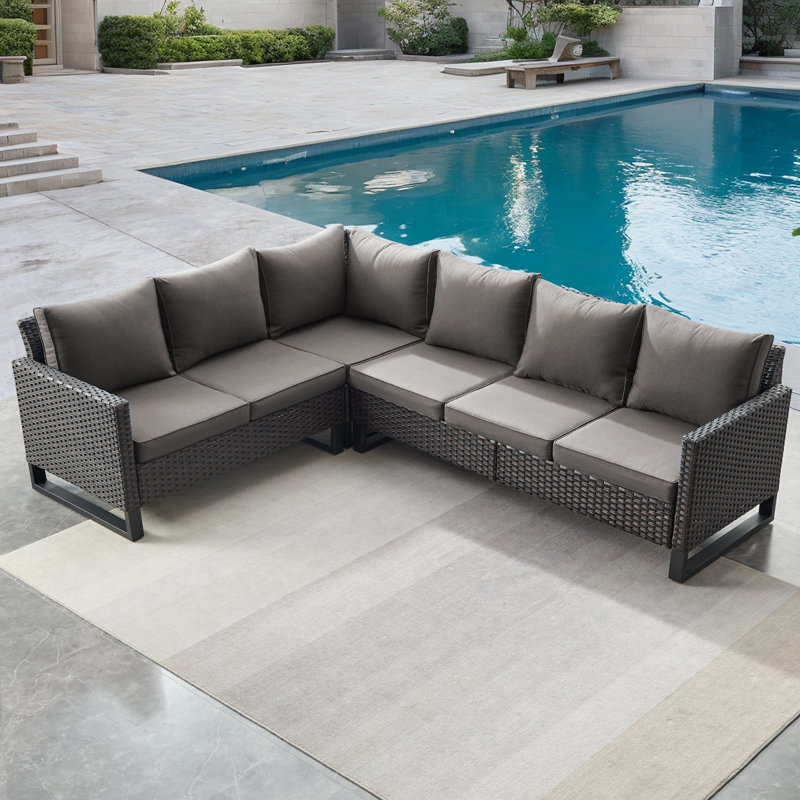 Nazime 105.1" Wide Outdoor Wicker Patio Sectional with Cushions, Gray, Brown