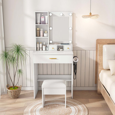 Table de coiffeuse avec miroir et lumières DEL réglables, prise de courant, support pour séchoir à cheveux et tabouret - coiffeuse compacte pour petites chambres (blanc)