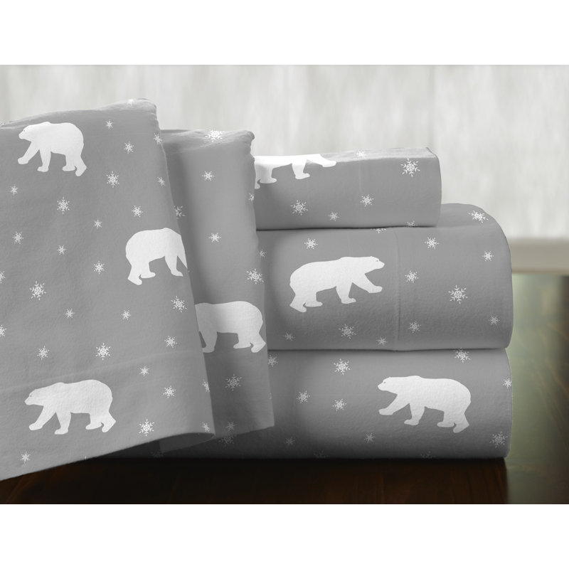 Twin XL Gray Cotton Flannel Polar Bear Print Sheet Set