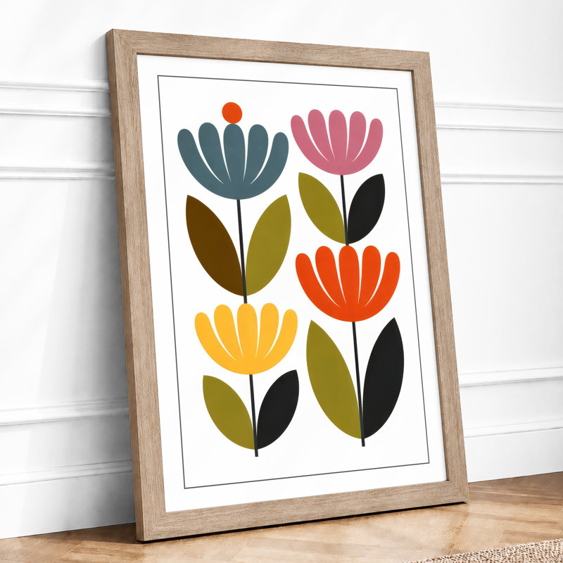 Six Stylized Blooms Mid-Century - Framed Print, Oak, A4 - 29.7 x 21.0 cm