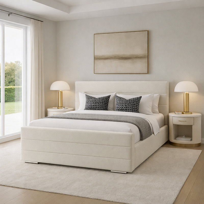 Upholstered Velvet Bed, Double (4'6), Cream