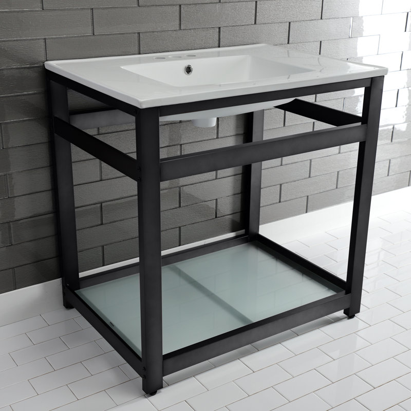 Kingston Brass Quadras 31-Inch Ceramic Console Sink with Steel Base and Glass Shelf, White/Matte Black, 4" Centers