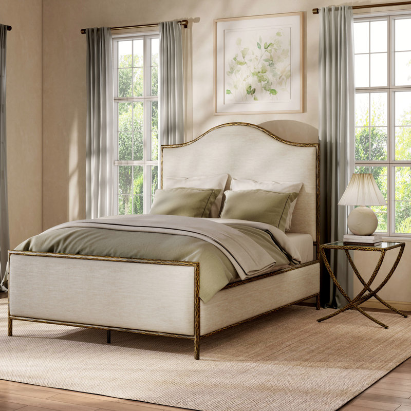 Lalia Modern Hammered Metal 2-Piece Bedroom Set, 2 Pcs: Bed, Side Table, Matte Gold, Queen