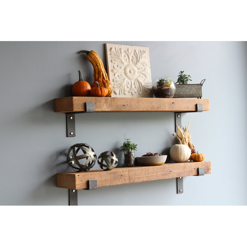 Chumbley 2 Piece Solid Wood Bracket Shelf, 40”wide x 7”deep x 3”thick (top/bottom shelf), Natural (no stain)