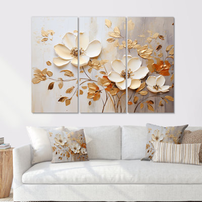 Fleurs saisonnières beiges et dorées Blooming I - ensemble d'art sur toile Fleurs saisonnières