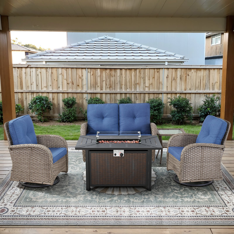 5-Piece Outdoor Patio Wicker Relaxed Gliding Loveseat Set With Swivel Chairs And Fire Pit Table, Blue