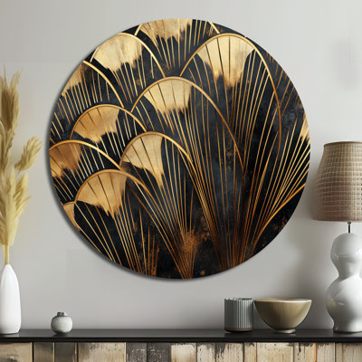 Golden Fan Geometry - Abstract Art Deco Large Round Metal Wall Art