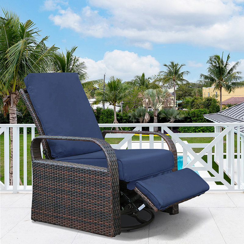 Outdoor aluminum rattan swivel lounge chair, adjustable backrest, height-adjustable footrest, 360° rotation, waterproof seat cushion, suitable for patios.