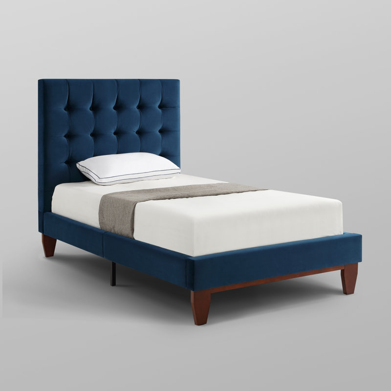 Tête de lit Ibison Bond avec tête de lit capitonnée à boutons, Lit simple, Bleu marine, Velours