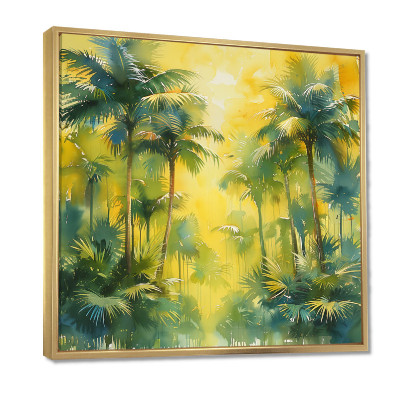 Jaune jaune vert palmiers Frond Dance III - palmiers et palmiers, art mural, Cadre simple noir, H 16 po x l 16 po