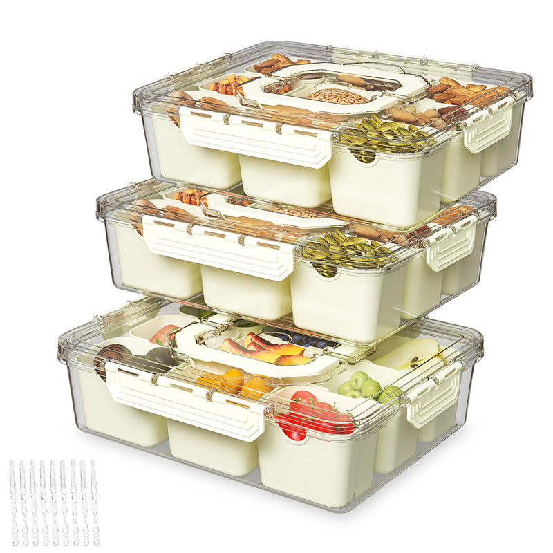Divided Serving Tray With Lid & Handles, 9-Compartment Snack Box, Charcuterie Organizer For Candy, Nuts, Fruits, Snacks, Beige, 3 Pack