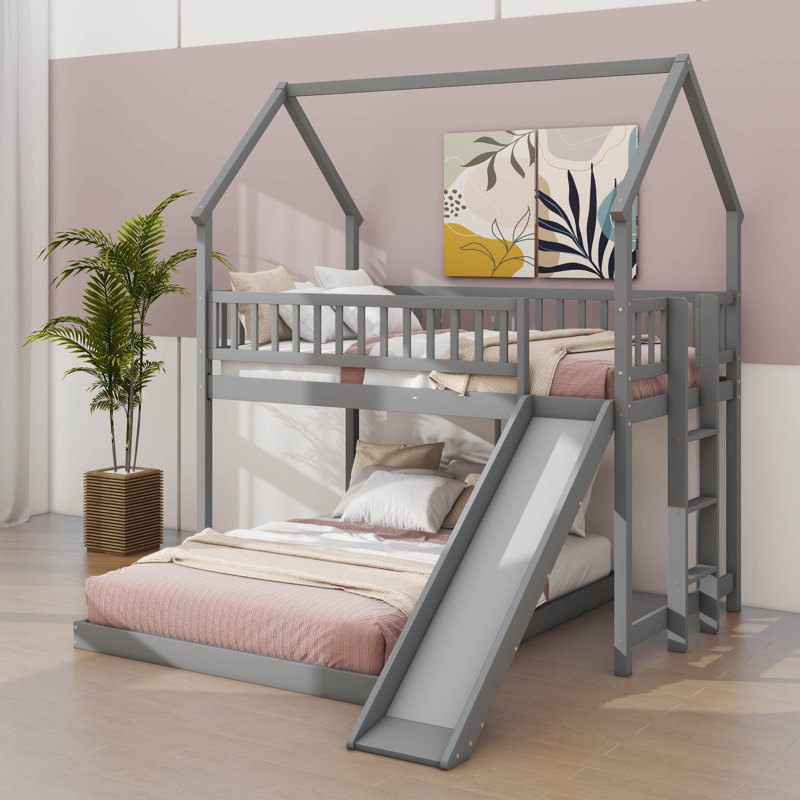 A Full-Over-Twin Bunk Bed Designed Like A House, Including A Slide, Integrated Ladder, Gray