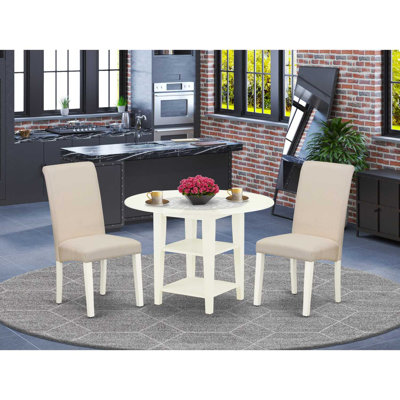 3 Piece Kitchen Table Set Contains a Round Dining Table with Dropleaf & Shelves and 2 Cream Linen Fabric Parson Dining Chairs, Linen White