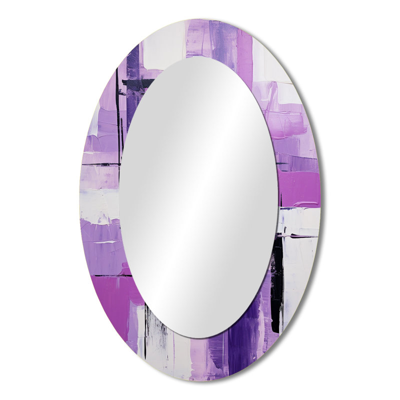 Tachisme mauve cubisme brossé 3 - Miroir décoratif abstrait ovale sur métal, H 36 po x l 24 po