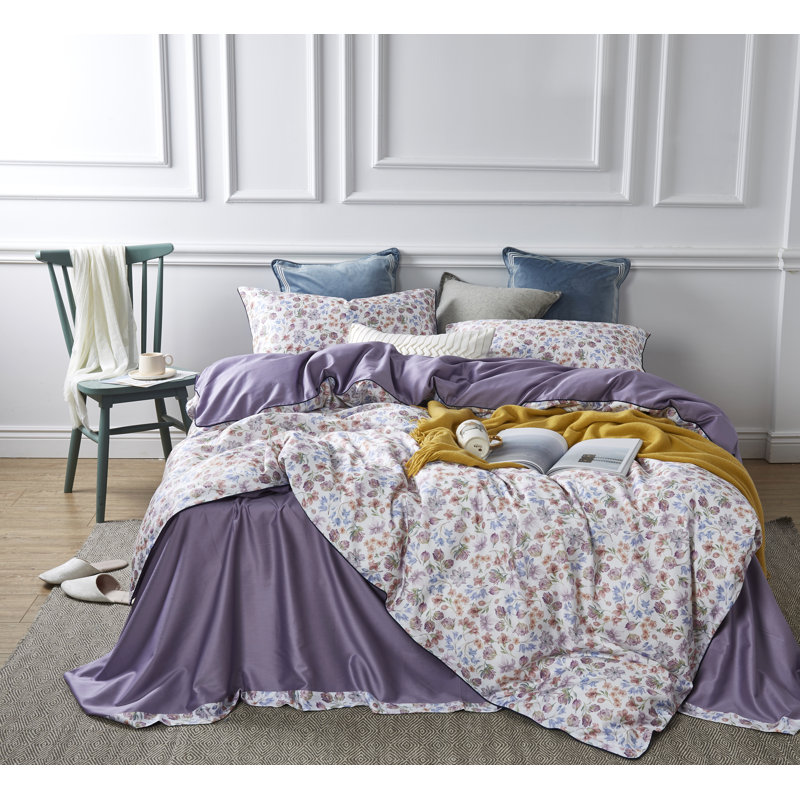 Microfiber Floral Print Comforter Set, Queen Comforter + 2 Pillowcases, Purple Floral