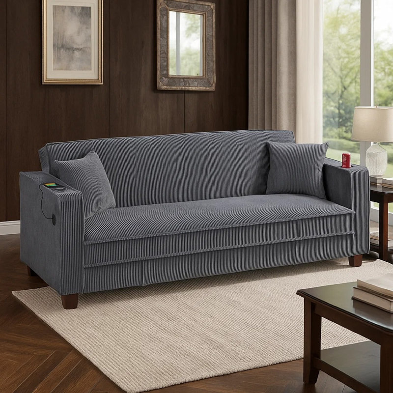 Canapé-lit Lucy avec ports USB, 2 coussins, velours côtelé gris, porte-gobelets, Gris foncé