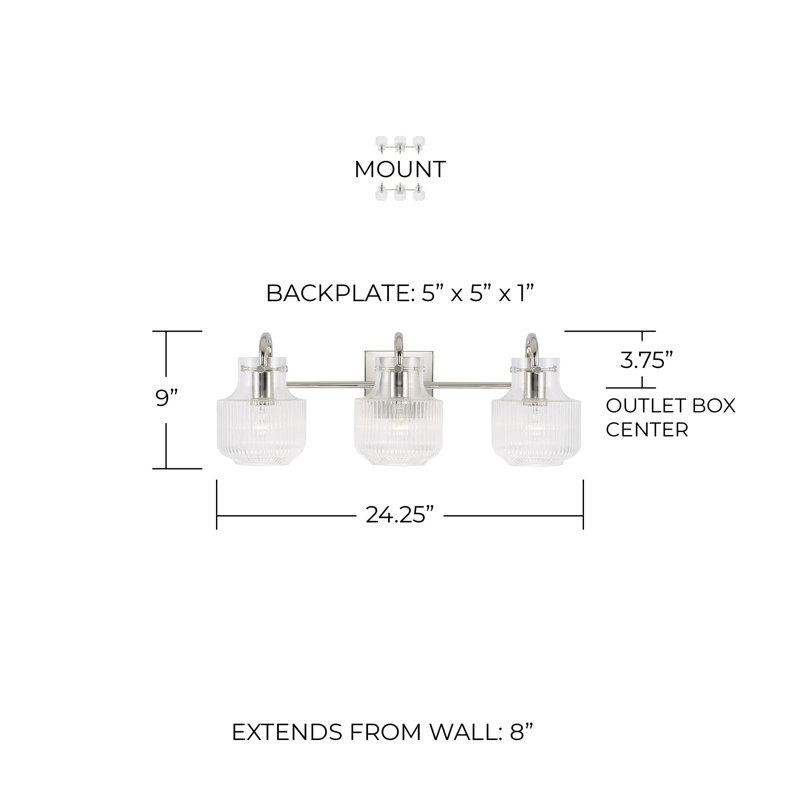 3 - Light Dimmable Vanity Light, Polished Nickel