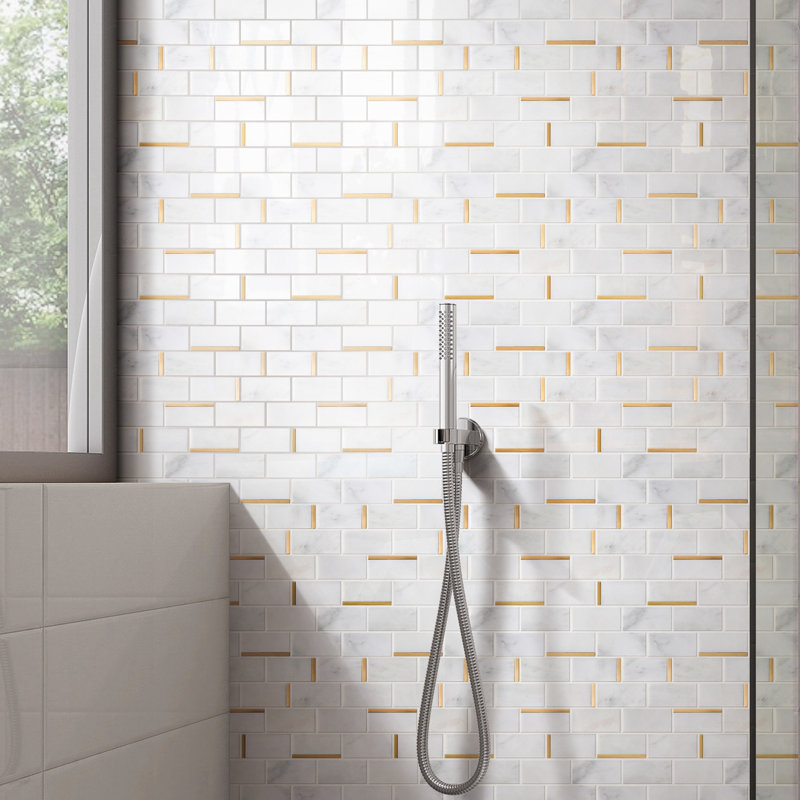 Supreme Tile Natural Bianco 2" x 4" Marble Brick Joint Mosaic Wall Tile, Gold/White