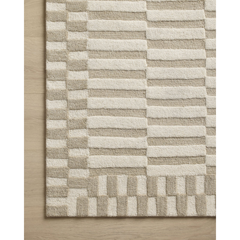 Ivory and Beige Handmade Wool Striped Rectangular Rug 11'6" x 15'