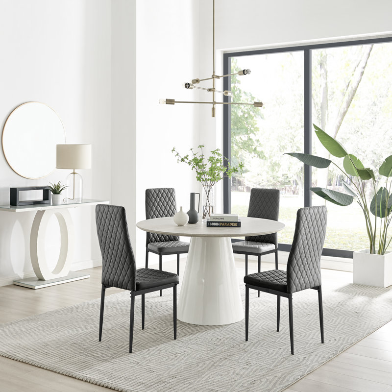 Statement 4 Person Round Dining Table Set in Luxury Beige Stone Effect - Faux Leather Dining Chairs, Black