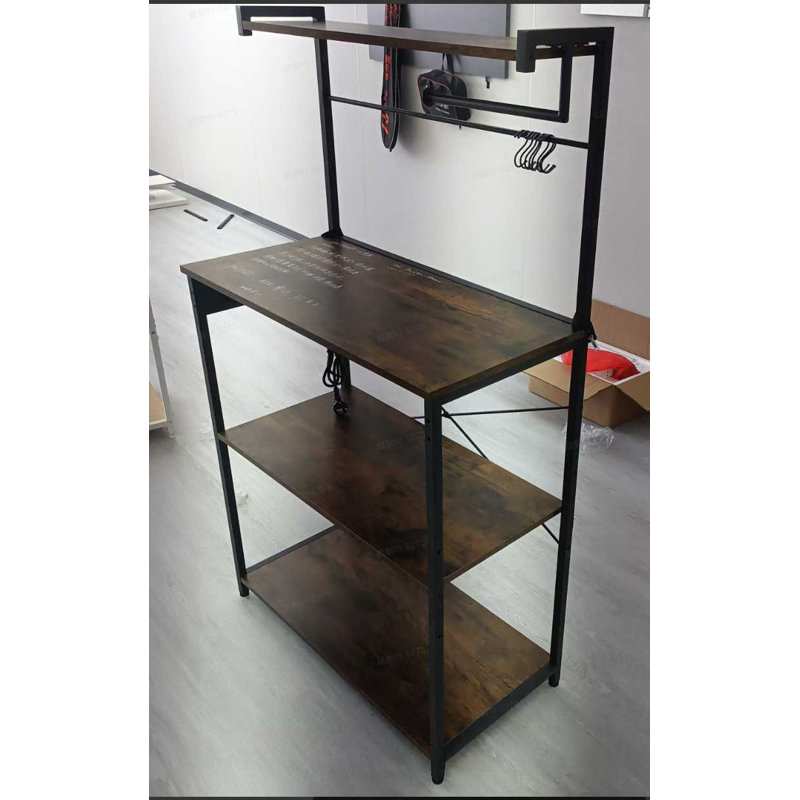 Kitchen Bakers Rack With Power Outlet, 40 * 80 * 140Cm, Rustic Brown And Ink Black, 140cm H x 80cm W x 45cm D