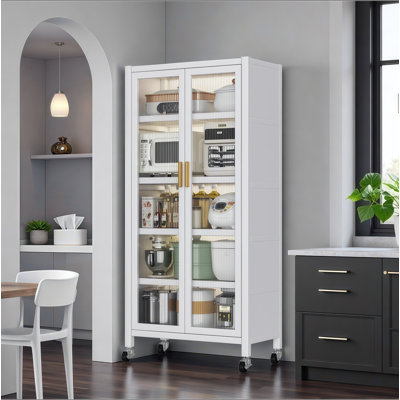 Armoire de rangement pour garde-manger 65 po, armoire de rangement en métal à 6 niveaux avec porte transparente, tablettes et roulettes réglables, armoires garde-manger, pour la cuisine, le salon et la salle à manger